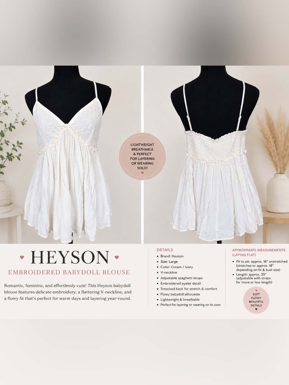 Heyson V-Neck Embroidered Babydoll Blouse in Cream/White✨New with Tags